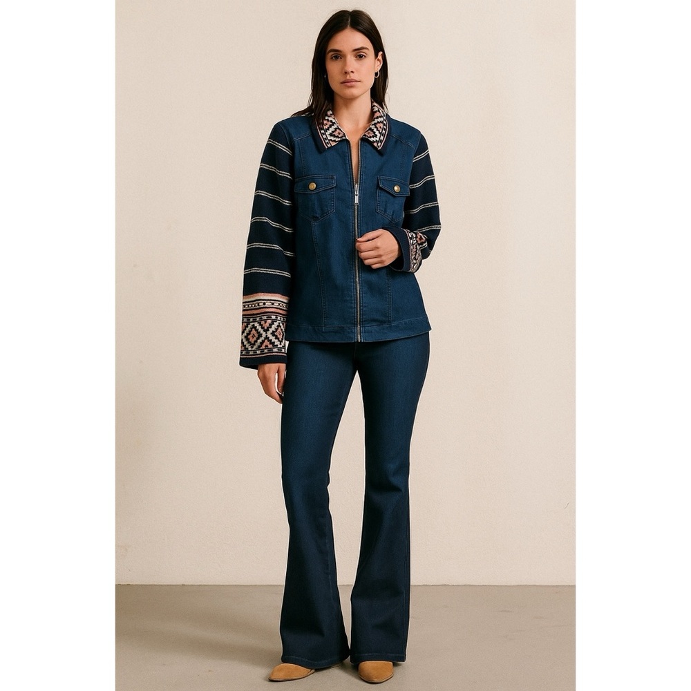 Alfred Dunner | Retro Knit Tribal Aztec Zip Boho Knit Cardigan Denim Jean Jacket